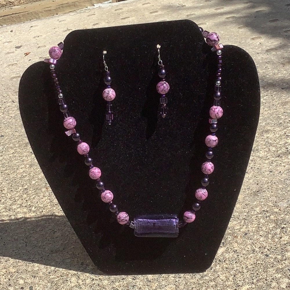 Handmade necklace and earring set  purple and pink beads